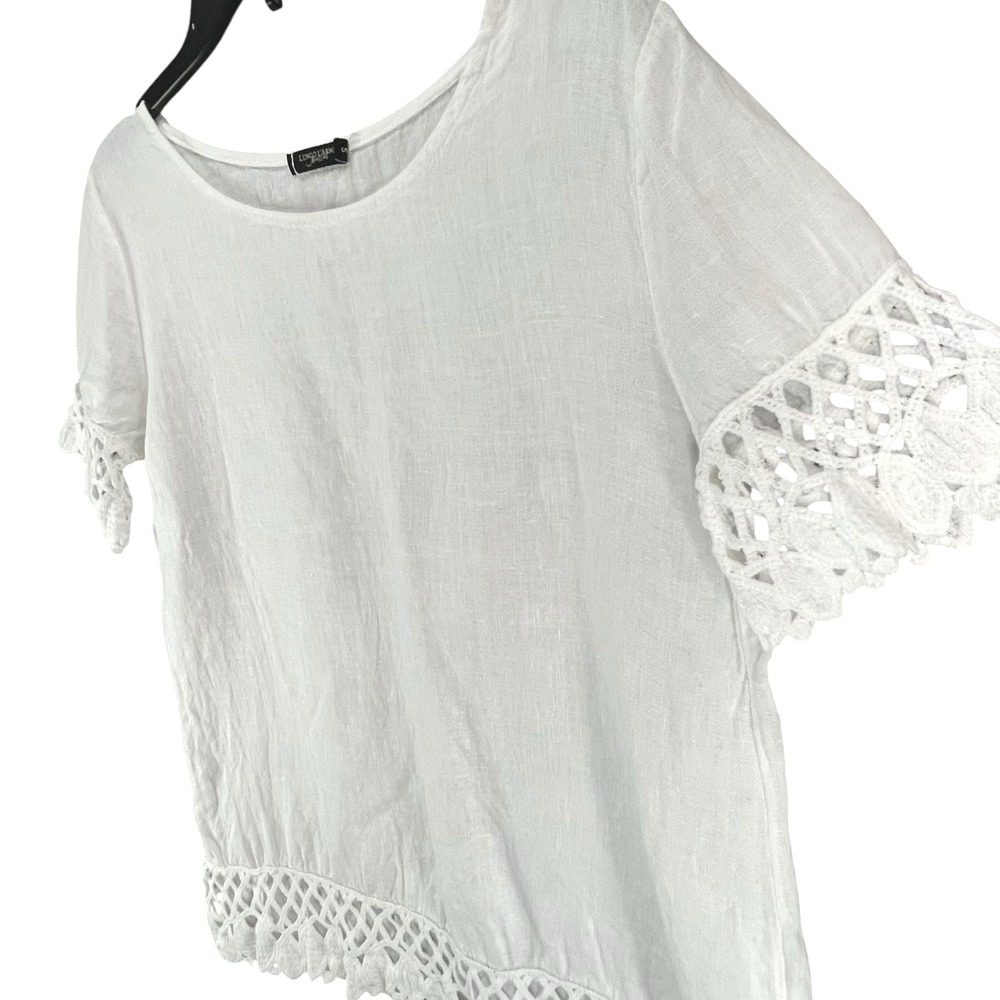 Lungo L'Arno Top Womens S White Linen Blouse Lace Crochet Cottage Beach Italy - Picture 3 of 12